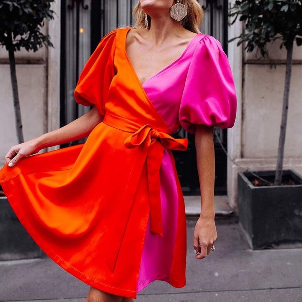 Puff sleeve Orange + Pink Dress 🧡💕